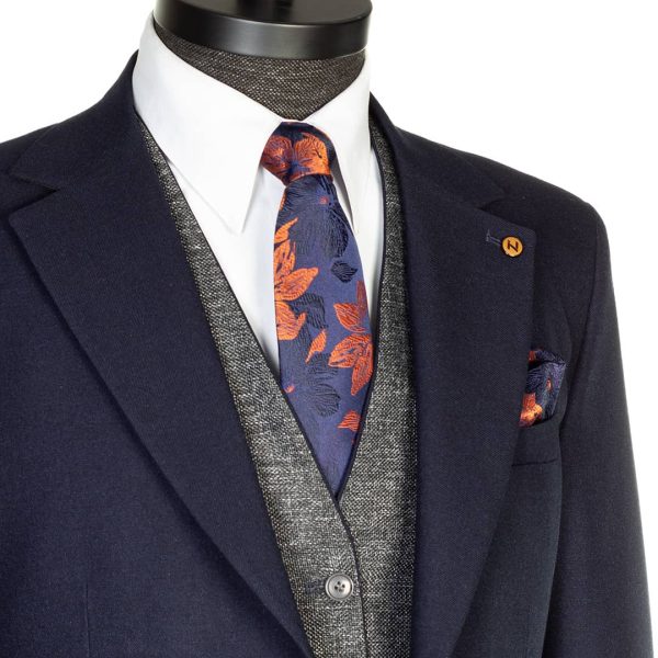 کروات سرمه‌ای طرح گل‌برگ نارنجی - Image 1